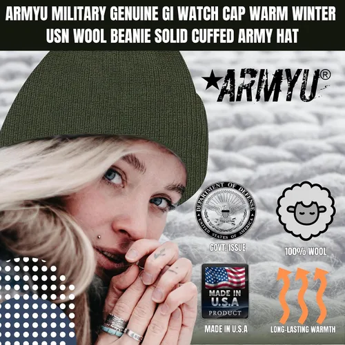 Miniatura 2 de ARMYU - Gorro de lana militar genuina para invierno, gorro de lana USN sólido con puños