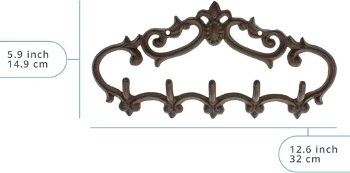 Miniatura 3 de Comfify Colgador de pared de hierro fundido, diseño vintage con 5 ganchos para llaves, toallas, batas y ropa, metal rústico resistente, 12.6 x 5.9