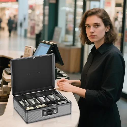 Miniatura 7 de Caja de Efectivo con Cerradura con Bandeja para Dinero y Llave, Caja Fuerte Segura para Efectivo, Caja de Dinero Portátil con Espacios
