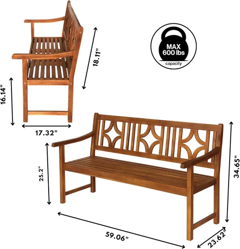 Miniatura 3 de JONATHAN Y Sloane BNH100A Banco de madera de acacia maciza para exteriores, asiento de jardín para 2 personas con respaldo geométrico y reposabrazos