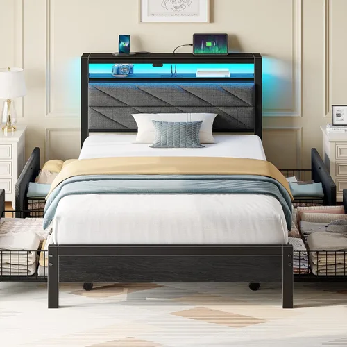 Miniatura 18 de Seventable Base de cama tamaño Queen con estación de carga, cama LED con cabecera de almacenamiento tapizada, cama de plataforma de metal con Gris