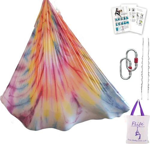 Miniatura 9 de F.Life Kit de hamaca de yoga aéreo, columpio de yoga, multicolor, 5 yardas, yoga volador, incluye cadena de margarita, mosquetón y guía de postura