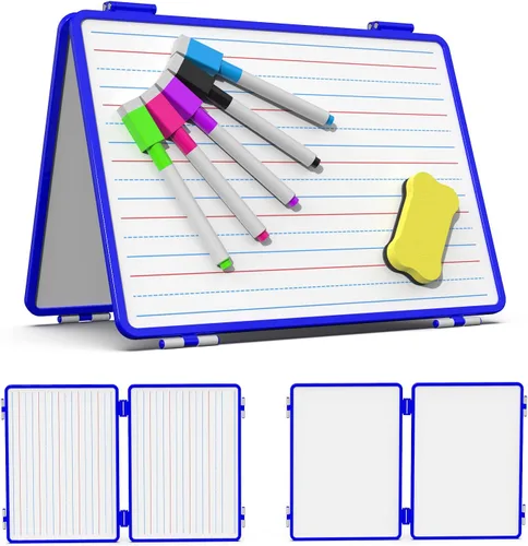 Pizarra blanca magnética pequeña de borrado en seco, 4 lados de escritura, pizarra blanca pequeña para niños, pizarra blanca plegable de 11.5 x 17