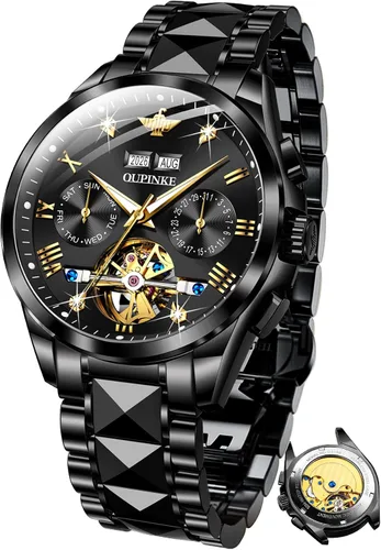 Miniatura 14 de OUPINKE - Reloj automático para hombre, diseño de esqueleto de diamante mecánico de cuerda automática, lujo, reloj de pulsera de cristal de zafiro