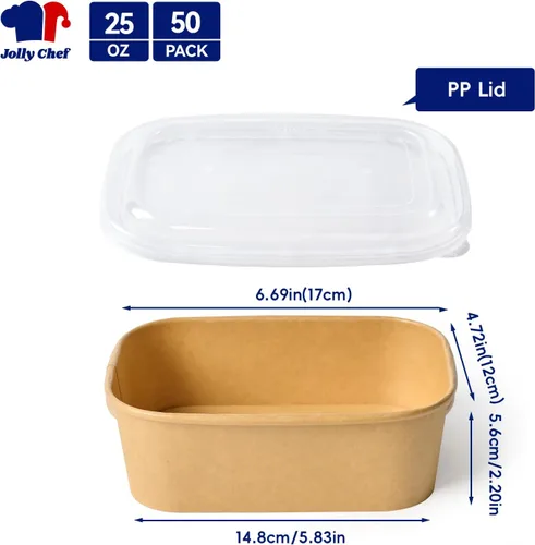Miniatura 2 de JOLLY CHEF Paquete de 50 recipientes de papel para preparación de comidas con tapa de 25 oz, recipientes desechables rectangulares para alimentos