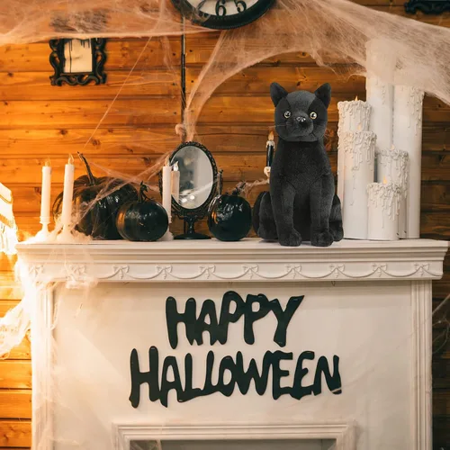 Miniatura 7 de HyDren Peluche de gato negro de Halloween de 13 pulgadas, animal de peluche realista de gato suave y lindo, almohada de juguete, regalos para niños