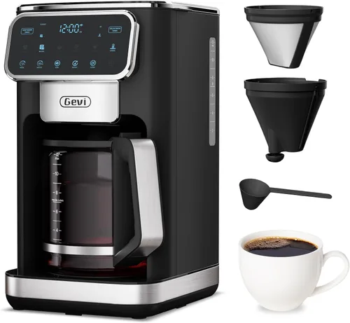 Gevi 12-Cup Programmable Coffee Maker with Touchscreen, Strong Brew & Iced Coffee Options, Auto Shut-Off, 4-Hour Keep Warm, Glass Carafe, Anti-Drip