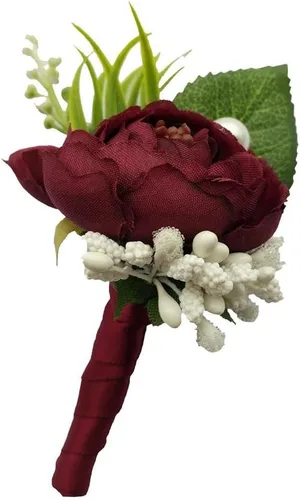 Miniatura 2 de 6 pedazos/lote novio Boutonniere hombre ojales DIY boda artificial flores falsas decoración del partido (rojo vino)