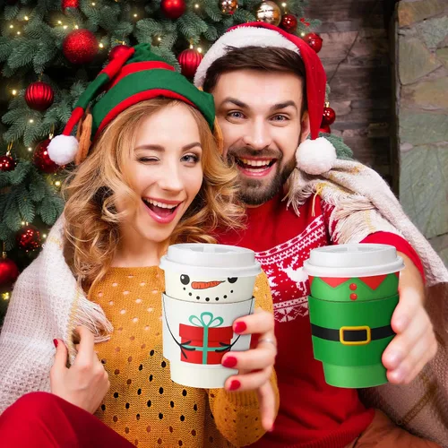 Miniatura 6 de Yungyan Paquete de 100 Tazas de Café Desechables de Navidad de 12 oz con Tapas y Mangas, Tazas de Café de Papel Aisladas con Tapas de Cúpula
