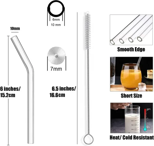 Miniatura 2 de ALINK Pajitas de vidrio curvadas cortas, 0.236 x 0.394 in, reutilizables, de vidrio transparente, curvadas, para whisky, café, refrescos, agua