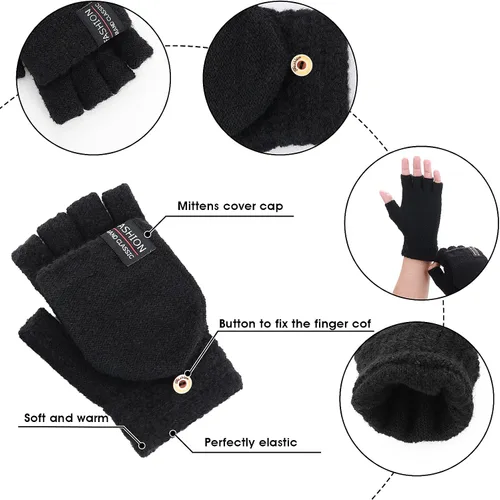 Miniatura 20 de THINP Guantes sin dedos para mujeres y hombres, guantes de invierno, guantes de lana cálida de punto sin dedos con tapa, guantes convertibles