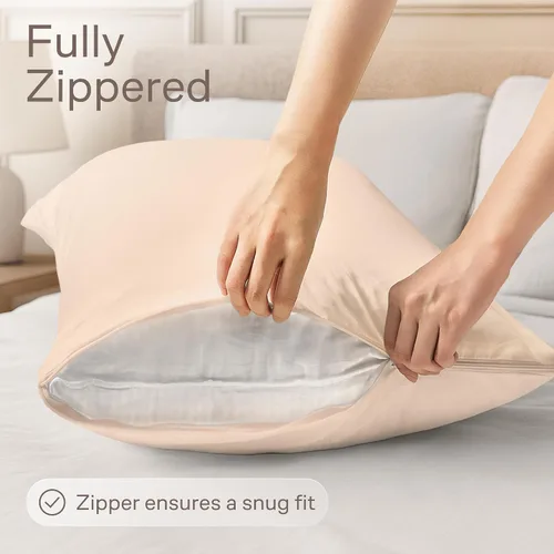 Miniatura 3 de Juego de 4 fundas de almohada ultrasuaves con cremallera tamaño Queen, 100% protección contra manchas, polvo y suciedad, lavables a máquina (beige)