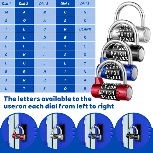 Miniatura 5 de 4 candados de combinación de 5 letras, candado de seguridad de metal resistente reiniciable sin llave en 4 colores para casillero de gimnasio, caja