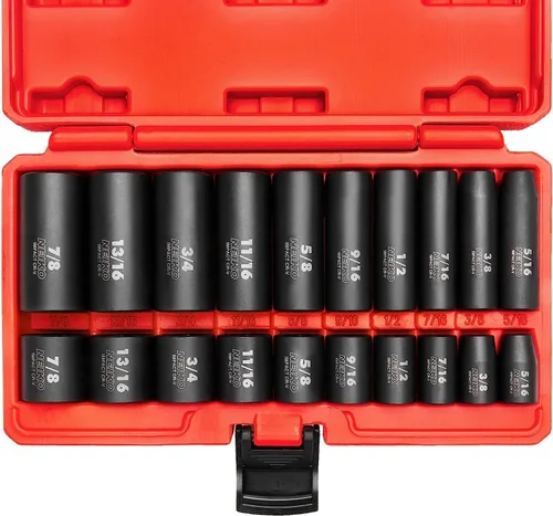 NEIKO 02434A - Juego de llaves de impacto estándar y profundo de 3/8 pulgadas, 6 puntas, tamaños SAE desde 5/16" hasta 7/8", acero CrV, 20 piezas