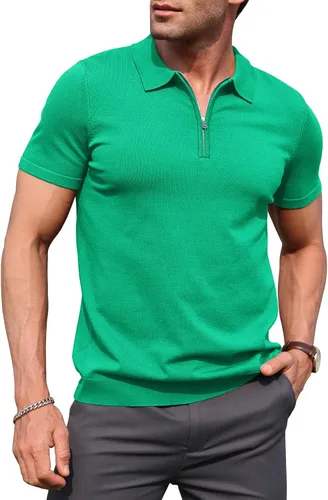 Miniatura 19 de RQP Camisas polo con cremallera para hombre, camisas casuales de punto de manga corta/larga, camisas de golf elásticas ajustadas, suéter suave
