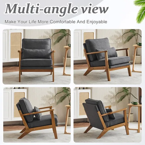 Miniatura 8 de VINGLI Juego de 2 sillas decorativas de madera maciza con reposabrazos anchos, sillas modernas tapizadas de mediados de siglo con almohada, silla