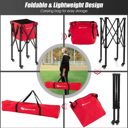 Miniatura 6 de Goplus Tolva plegable para pelotas de tenis, cesta de aluminio ligera con ruedas, bolsa extraíble, bolsillos laterales, bolsa de transporte, carrito