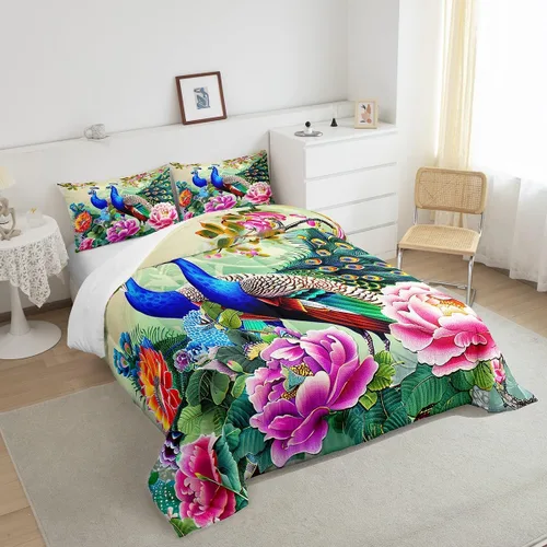 Miniatura 5 de Juego de edredón de pavo real en acuarela tamaño King, elegante y hermoso juego de ropa de cama edredón de plumas azules de 3 piezas para niños