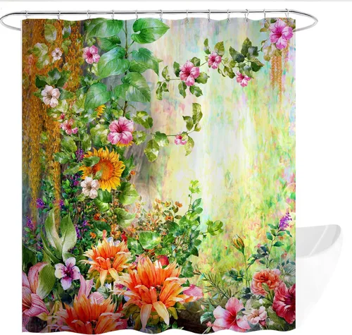 Cortina de ducha floral acuarela abstracta hojas verdes prado tela de poliéster juego de cortina de ducha de baño decoración con ganchos, 72 x 72