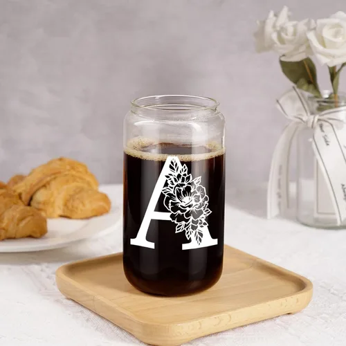 Miniatura 7 de Taza de Vidrio Inicial Coolife, Regalos Personalizados para Mujeres, Tazas de Vidrio de 16 oz con Tapas y Popotes, Taza para Café Helado, Licuado