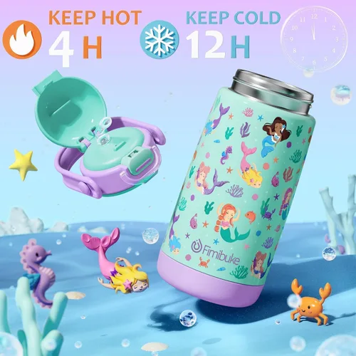 Miniatura 5 de Fimibuke Botella de agua aislada para niños con tapa con pajita y asa - 14 onzas, sin BPA, acero inoxidable 18/8, recipiente de metal, a prueba