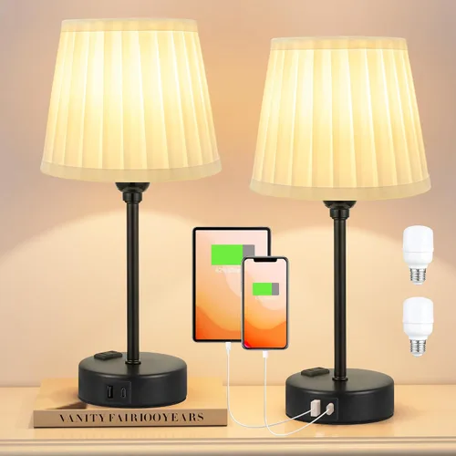 Miniatura 8 de Juego de 2 lámparas de noche blancas para dormitorio, pantalla plisada blanca con puertos de carga USB, lámparas táctiles para mesita de noche