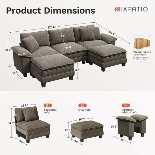 Miniatura 2 de MIXPATIO - Sofá seccional en forma de U de 123 pulgadas con cojines tipo nube, juego de sofá modular de asiento profundo con 5 asientos y 2 Gris