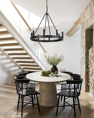 Miniatura 7 de Candelabro de 8 luces con rueda de carro, de 24 pulgadas, color negro, redondo, para comedor, moderna e industrial, isla de cocina, lámparas