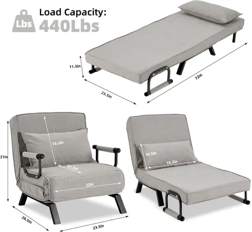 Miniatura 3 de Hupmad Sillón Cama Convertible, Sillón Tri-plegable Tapizado con Almohada, Sofá Chaise Lounge Plegable de Ocio, Respaldo Ajustable de 6 Ángulos Cama