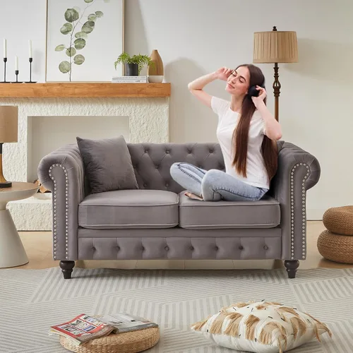 Miniatura 10 de Juego de 2 sofás Chesterfield de terciopelo de 85.5 pulgadas, 3 plazas + 63.5 pulgadas, sofá moderno con brazos enrollados y 2 cojines para sala