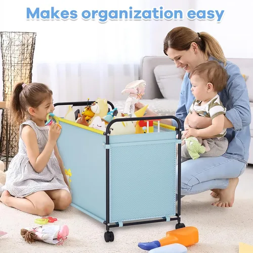 Miniatura 3 de Caja de juguetes extra grande, organizador de almacenamiento de juguetes de 180L con ruedas, cofre de juguetes de metal y tela Oxford con asa, caja