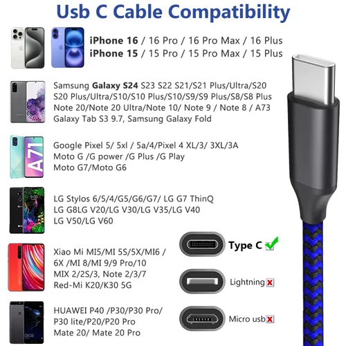 Miniatura 6 de Cable de carga USB tipo C de 10 pies, 3 unidades, USB A a USB C, cable de carga rápida compatible con iPhone 16 15 Pro Max, Samsung Galaxy S24 S23