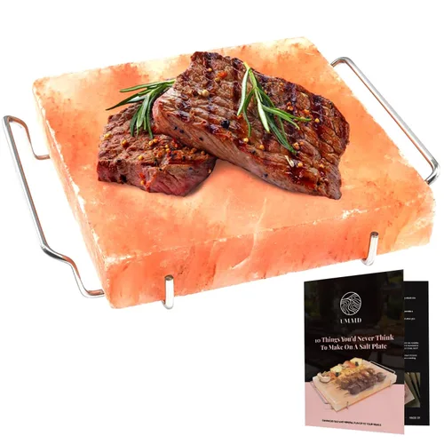 UMAID Bloque de sal del Himalaya para asar, cocinar, cortar y servir, piedra de sal rosa del Himalaya de grado alimenticio de 8 x 8 x 1.5 pulgadas