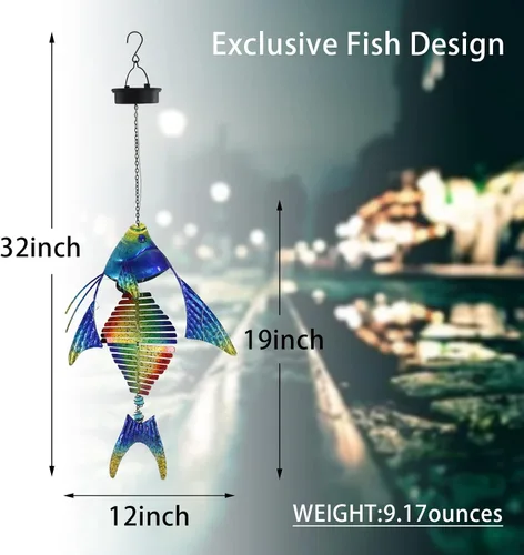Miniatura 4 de Luces solares de peces para exteriores, faroles colgantes de metal, luces decorativas para patio trasero, porche, patio, balcón, tipi, camino.