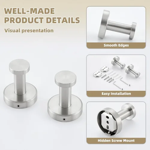 Miniatura 8 de APLusee Ganchos para toallas de baño de níquel cepillado, ganchos de acero inoxidable 304, paquete de 2 ganchos de toallas resistentes para baño