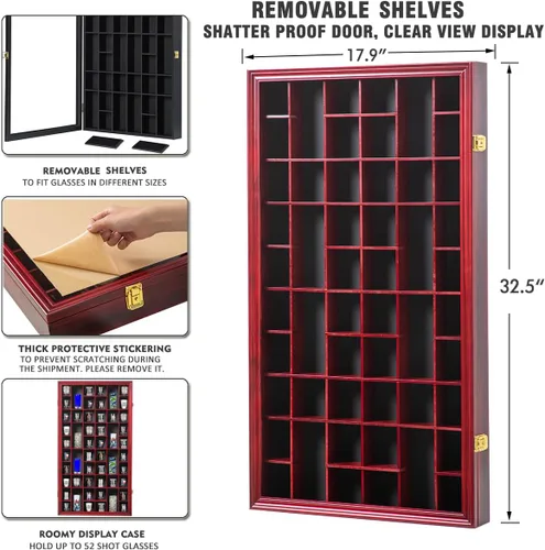 Miniatura 2 de Vitrina para Vasos de Chupito, Gabinete Grande de Madera, Soporte Montado en Pared, Caja de Sombra de Caoba con Cerradura y Protección UV, Puerta