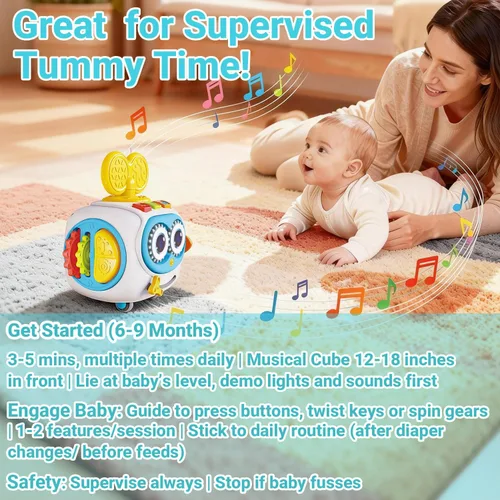 Miniatura 4 de MoraBaby Cubo musical de robot para niños pequeños de 1 a 3 años, cubo de actividades Montessori 6 en 1 con luces y sonidos, ruedas para el tiempo