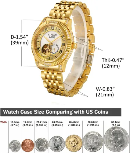 Miniatura 19 de BINLUN Reloj de pulsera para hombre, mecánico automático, reloj dorado con cuerda automática, elegante, chapado en oro de 18 quilates, relojes