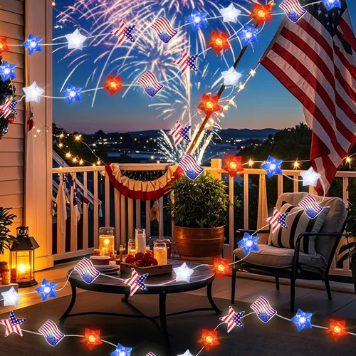 Miniatura 7 de Aogist Guirnalda de 50 luces LED para el 4 de julio, 16 pies, color rojo, blanco, azul, estrellas y bandera estadounidense, guirnalda patriótica