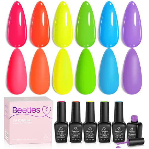 Beetles - Juego de esmaltes de uñas en gel neón, 6 colores, rosado intenso, naranja, amarillo, verde, azul y morado, semipermanentes, uso con