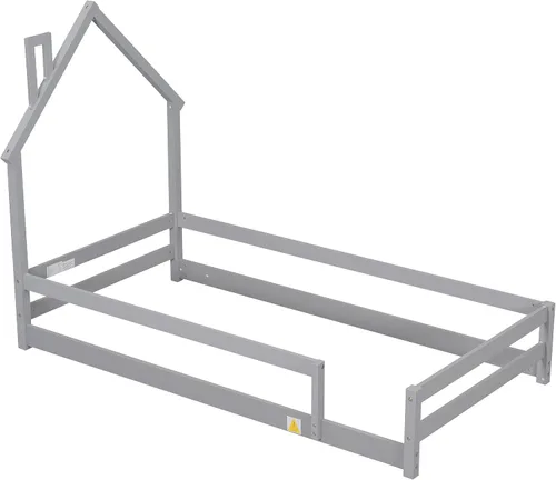 Miniatura 4 de Cama de suelo de tamaño individual con cabecera en forma de casa, cama individual de madera para niños con rieles, cama de piso individual