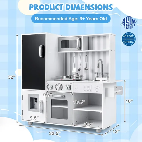 Miniatura 7 de Costzon Juego de cocina para niños, juego de cocina de chef de madera grande con sonidos y luces reales, microondas, pizarra, horno, máquina