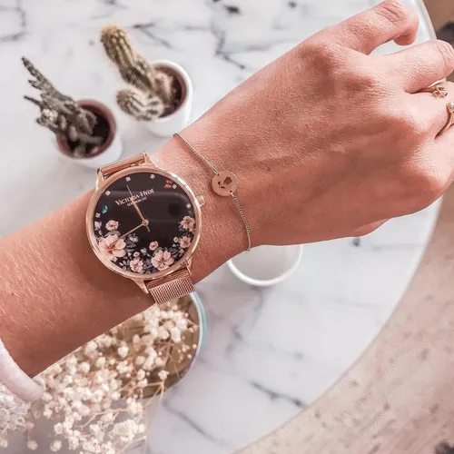 Miniatura 5 de VICTORIA HYDE Relojes de cuarzo para mujer, esfera floral con correa de malla de acero inoxidable, correa de cuero auténtico, impermeable, reloj