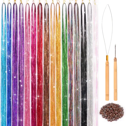 Kit de oropel de cabello de 16 colores, ELASO de 48 pulgadas, 3300 hebras de extensiones de cabello de oropel, hada para Navidad, Halloween, fiesta