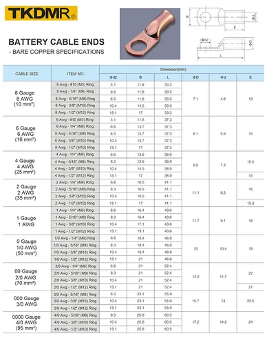 Miniatura 40 de TKDMR - Kit de 264 piezas de extremos de cable de batería, 132 piezas de terminales de anillo de lengüetas de cable de cobre resistentes AWG 8 6 4 2