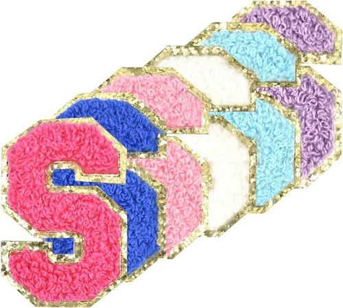 Miniatura 25 de 6 piezas de parches de letras de chenilla autoadhesivas con purpurina para planchar, parches de letras universitarias estilo preppy, letras difusas