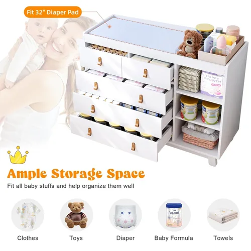 Miniatura 4 de Cómoda para bebé con cambiador, cambiador de bebé con 5 cajones y estantes ajustables, estación multifuncional para cambiar pañales, organizador