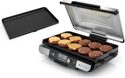 Ninja Sizzle Pro XL Plancha de Interior de 20 Pulgadas + Parrilla, Tapa Ventilada Desmontable, Control de Grasa, Placas Antiadherentes de Cerámica,
