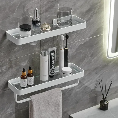 Miniatura 11 de VOLPONE Estantes de baño Estante de esquina de vidrio montado en la pared para baño Estante flotante Organizador de pared de vidrio templado 2