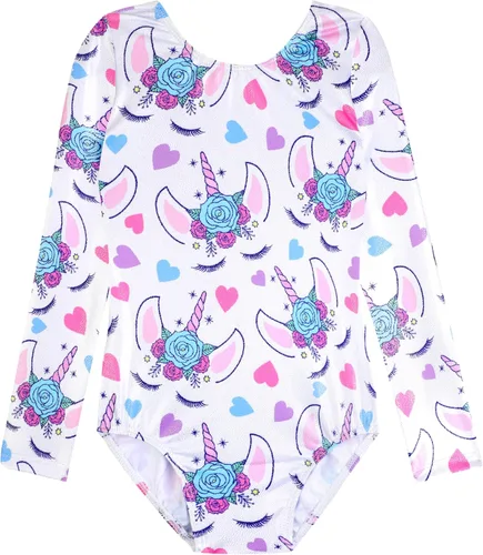 Miniatura 10 de HOZIY - Leotardos de manga larga para niñas, de gimnasia, para niños pequeños, trajes florales de unicornio, galaxia, arco iris, patrón de rayas